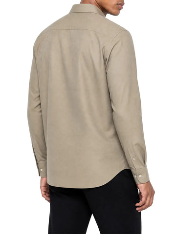 Polo Shirt Mens Long-Sleeve Plain Linen Blend Stone