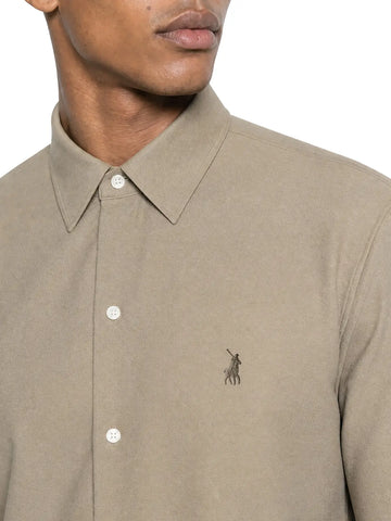 Polo Shirt Mens Long-Sleeve Plain Linen Blend Stone