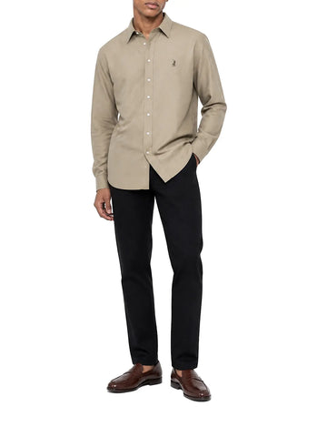 Polo Shirt Mens Long-Sleeve Plain Linen Blend Stone