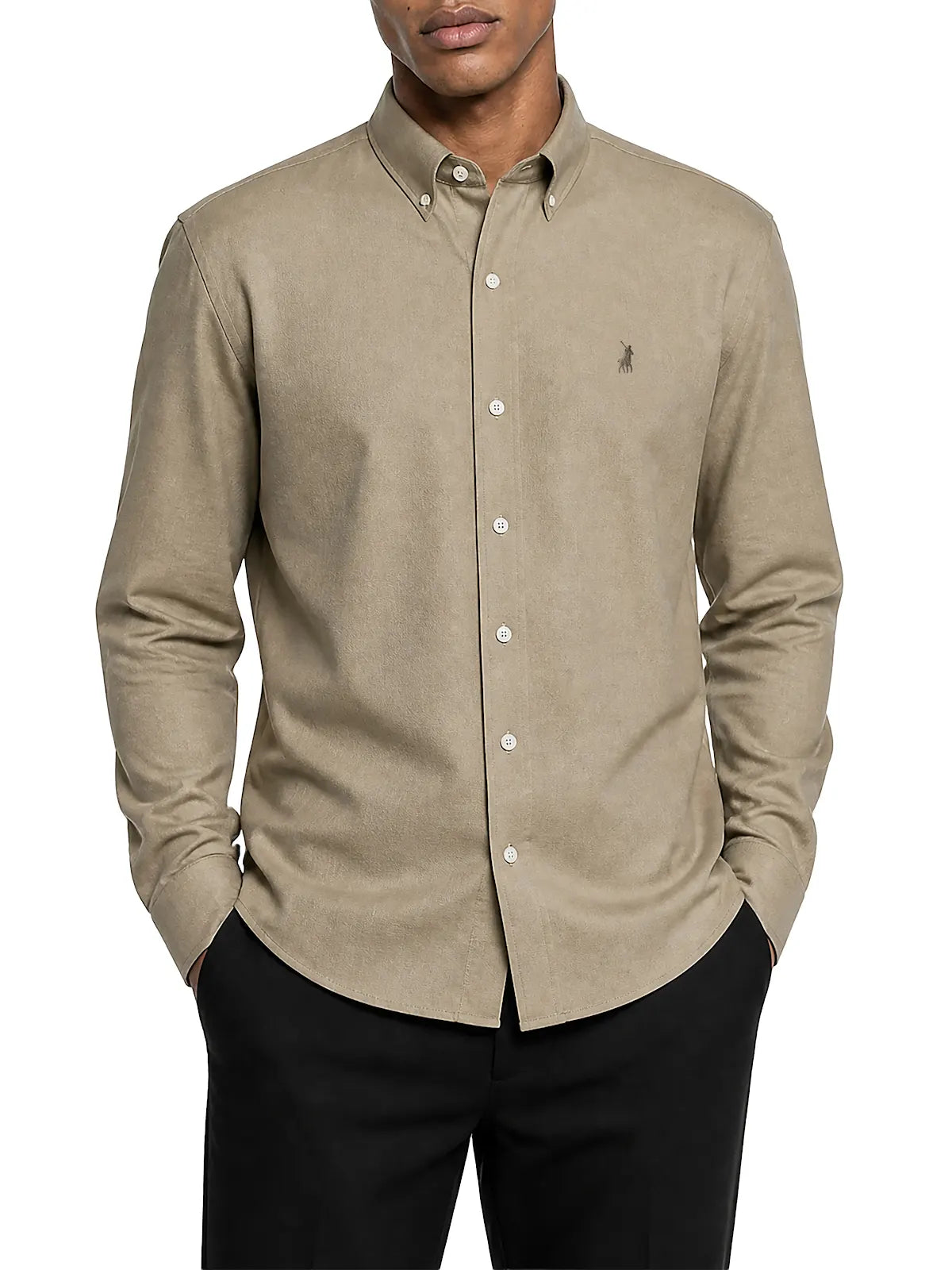 Polo Shirt Mens Long-Sleeve Plain Linen Blend Stone