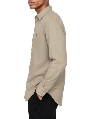 Polo Shirt Mens Long-Sleeve Plain Linen Blend Stone