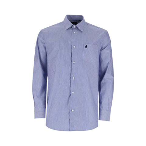 Polo Shirt Mens Long-Sleeve Relaxed Fit Pocket Stripe Blue