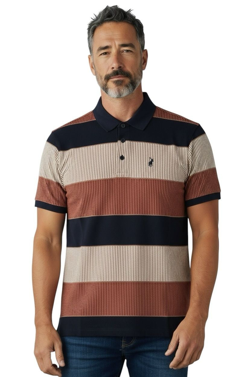 Polo Mens Textured Stripe Double Mercerised Golfer – Multi