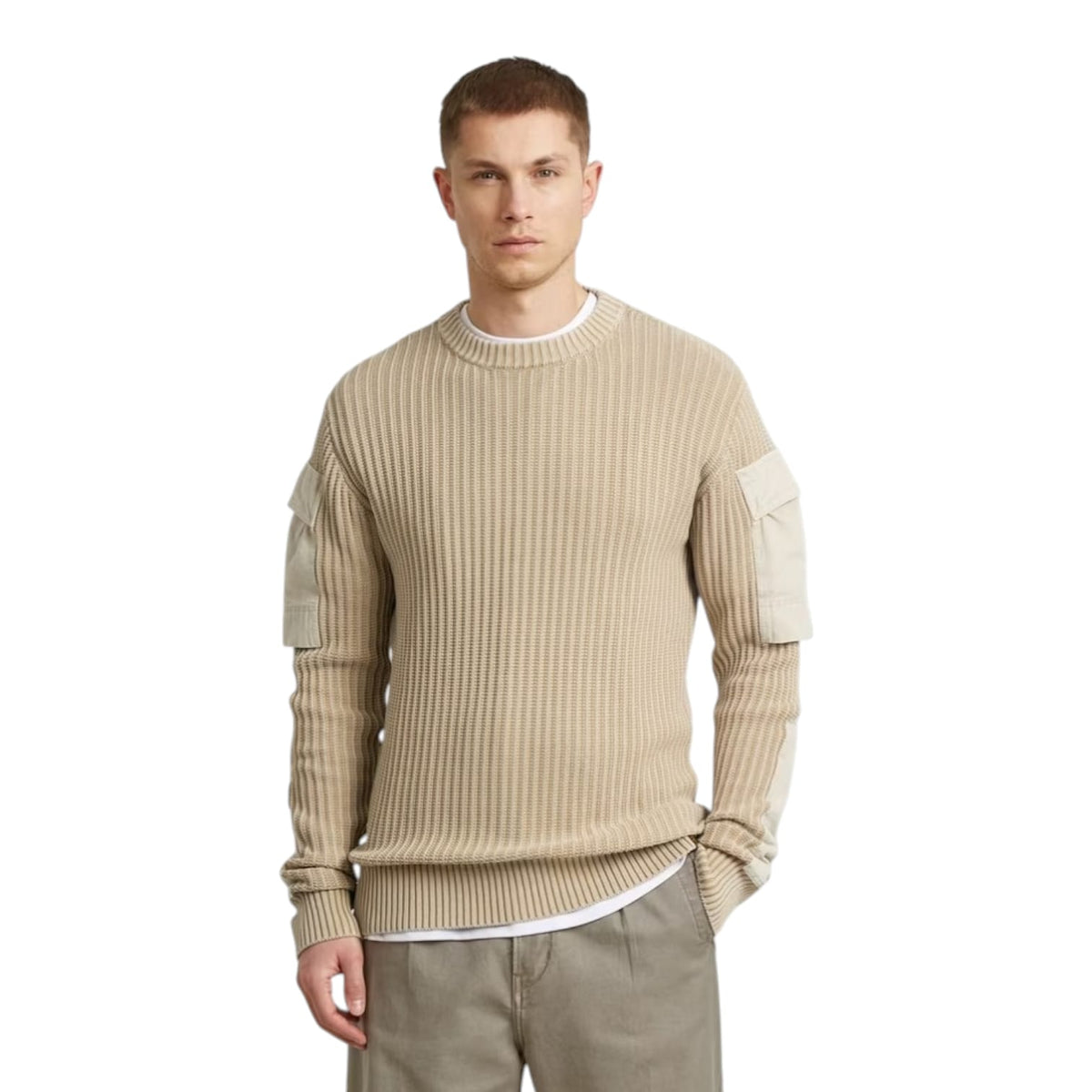 G-Star Knitted Mix Washed Sweater - Cream Baige | Woven Pullover