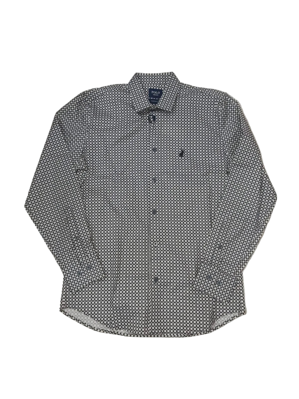 Polo Shirt Mens Long-Sleeve Classic Square Print Grey