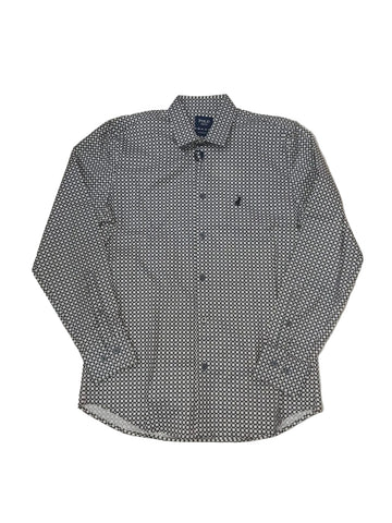 Polo Shirt Mens Long-Sleeve Classic Square Print Grey
