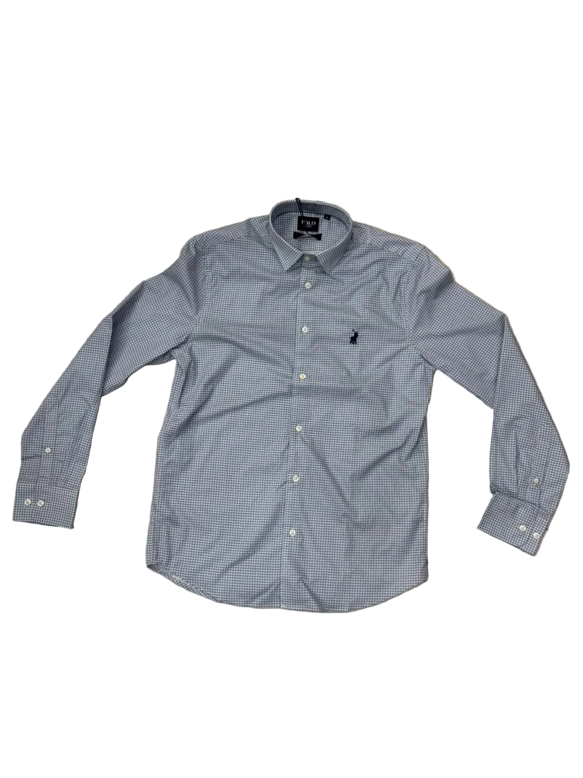 Polo Shirt Mens Long-Sleeve Geometric Printed Blue