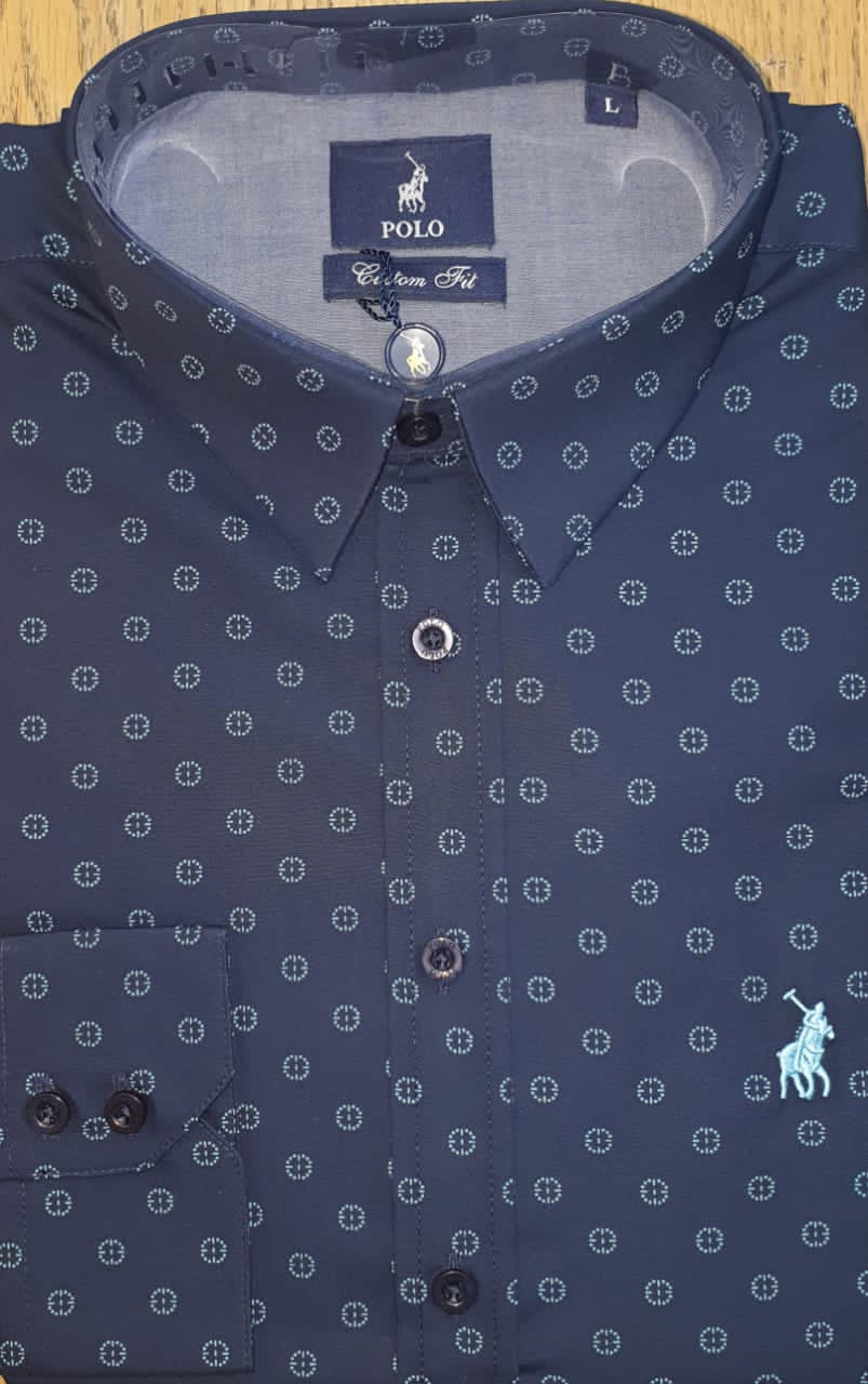 Polo Shirt Mens Long-Sleeve Signature Geometric Navy