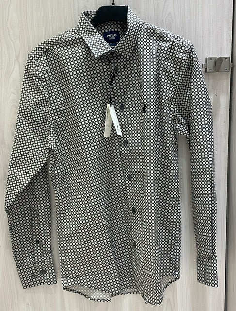 Polo Shirt Mens Long-Sleeve Classic Square Print Grey