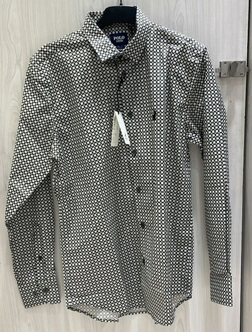 Polo Shirt Mens Long-Sleeve Classic Square Print Grey