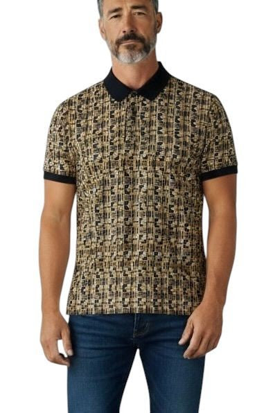 The Polo Geometric Printed Double Mercerised Short Sleeve Golfer – Black Gold