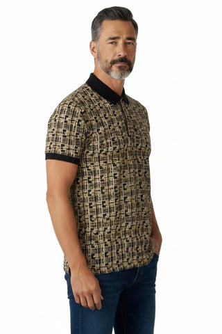 The Polo Geometric Printed Double Mercerised Short Sleeve Golfer – Black Gold