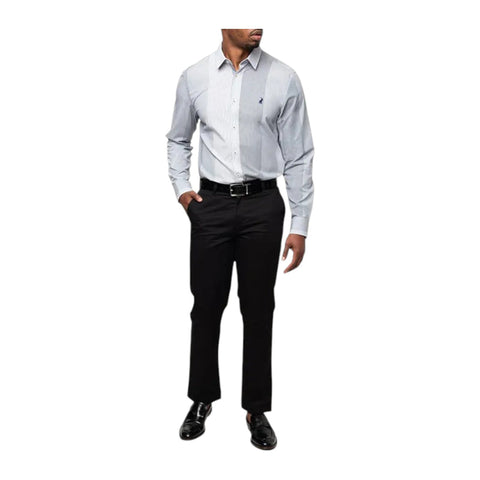 Polo Shirt Mens Long-Sleeve Fine Stripe Grey