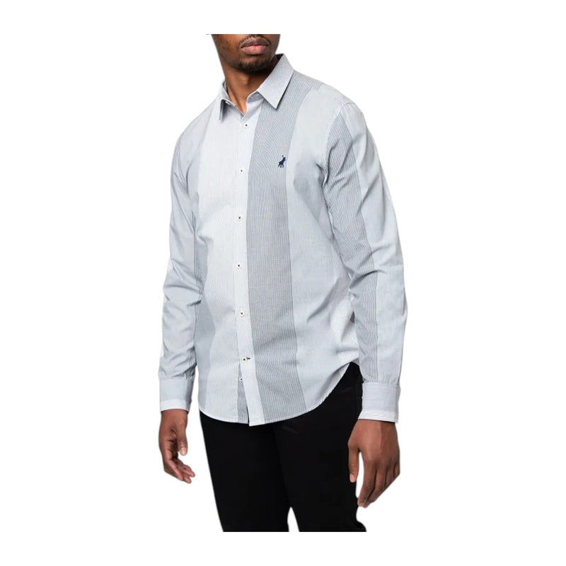 Polo Shirt Mens Long-Sleeve Fine Stripe Grey