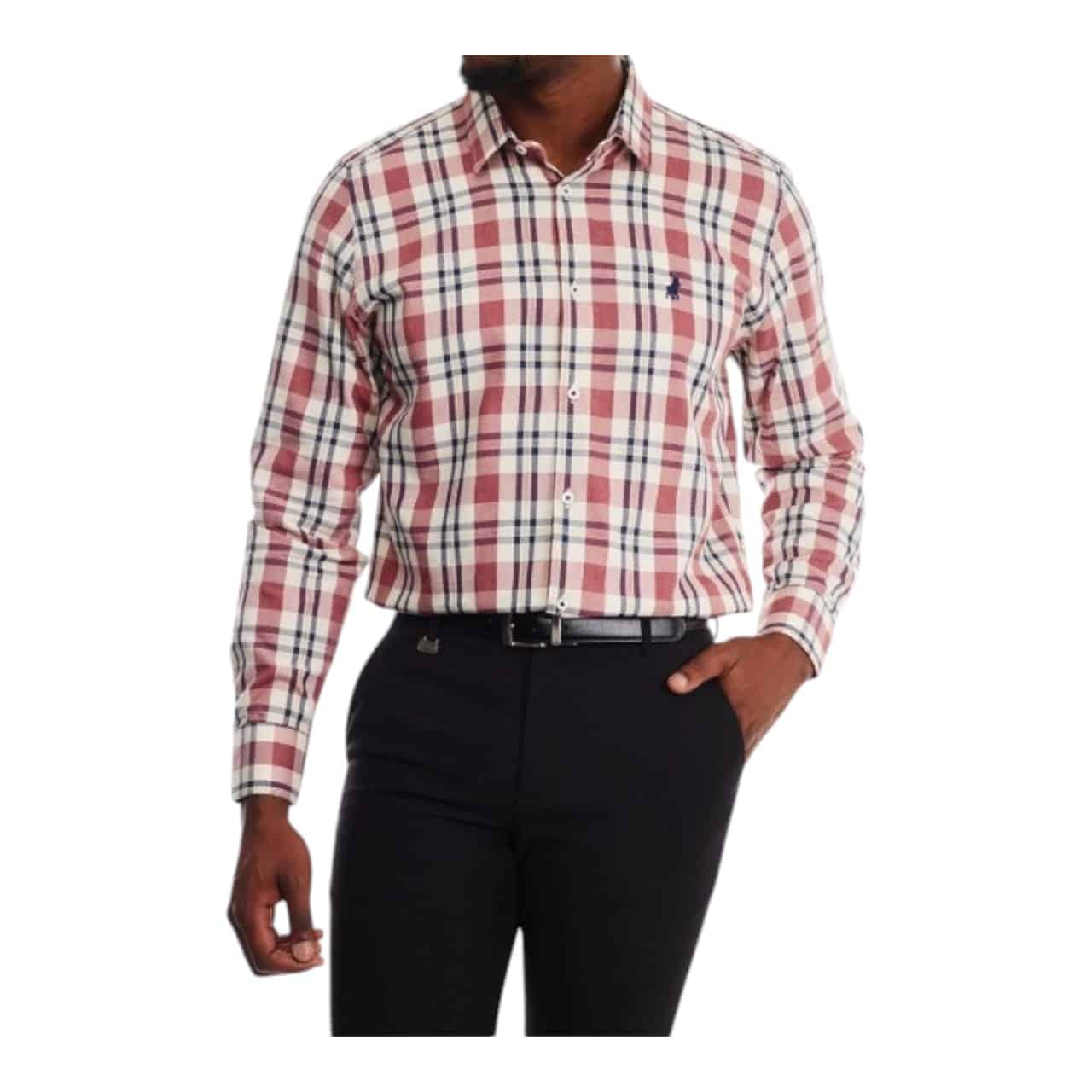 Polo Shirt L/S Textured Check Dk Pink