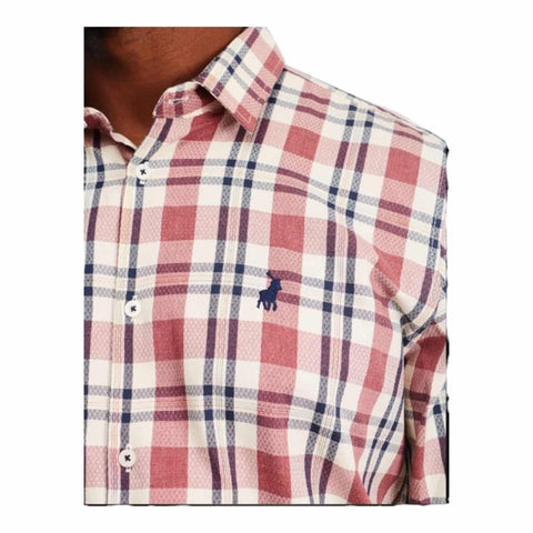 Polo Shirt L/S Textured Check Dk Pink