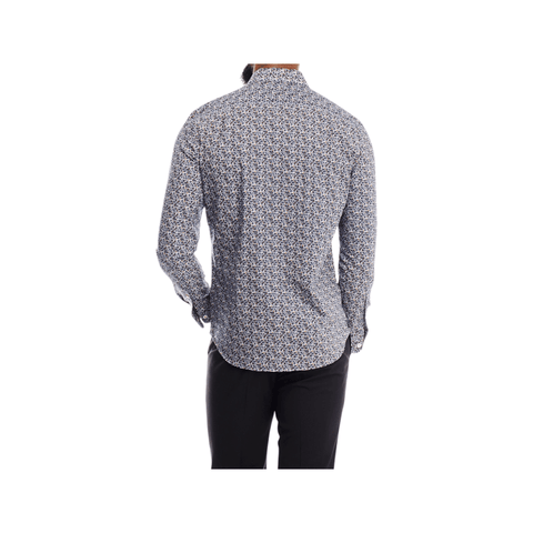 Polo Shirt Mens Long-Sleeve Geometric Print Navy