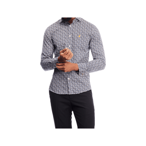 Polo Shirt Mens Long-Sleeve Geometric Print Navy