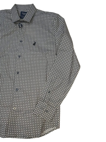 Polo Shirt Mens Long-Sleeve Classic Square Print Grey