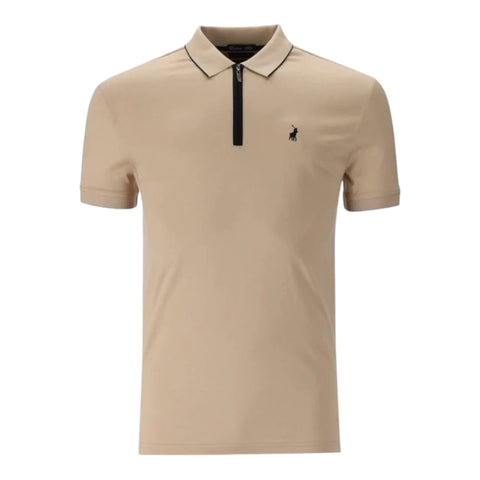 Polo 1/4 Zip Double Mercerised Cotton Custom Fit Short Sleeve Golfer - Camel
