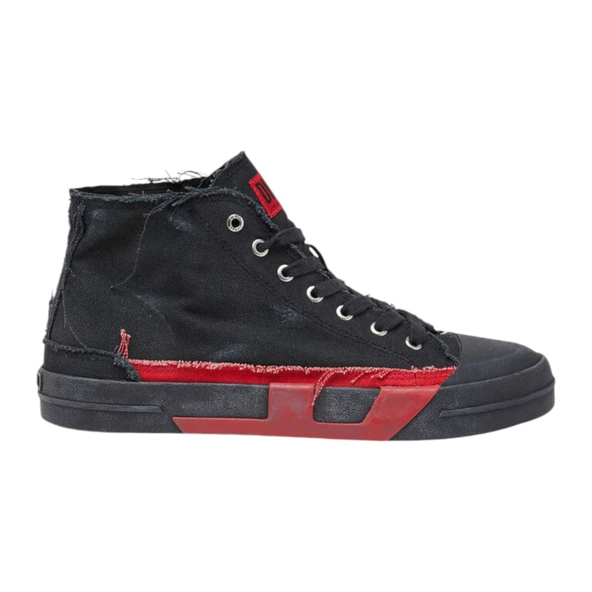 Diesel S-D-Verse Mid 2 Sneakers – Black/Red Distressed Canvas High-Tops
