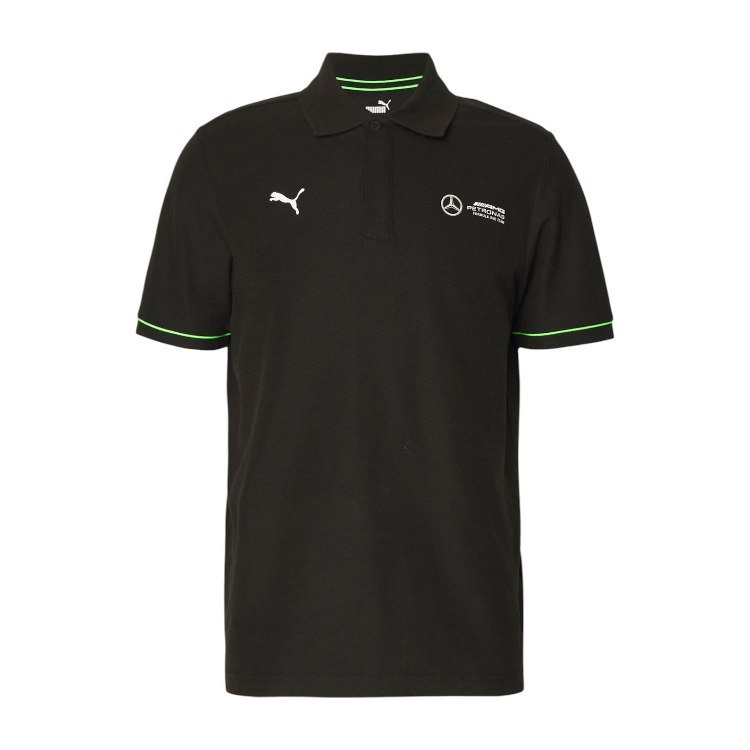 Black polo shirt with Puma and Mercedes-Benz logos on a white background