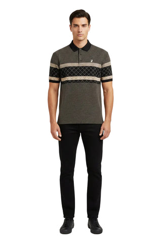 The Polo Argyle Striped Jacquard Short Sleeve Golfer – Black Taupe
