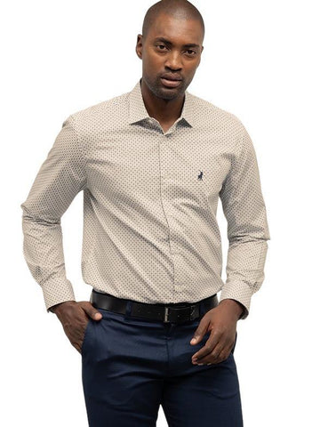 Polo Shirt Mens Long-Sleeve Geo Print Fatigue/White