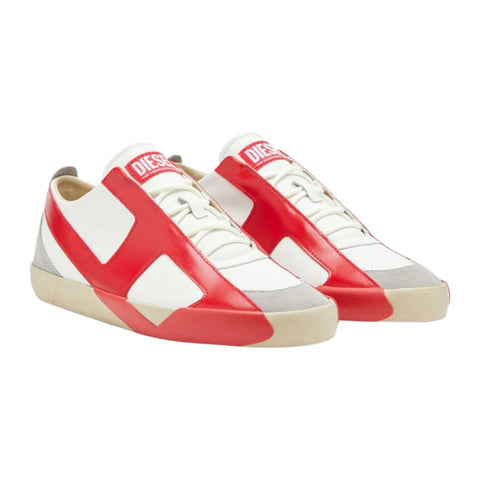 Diesel S-Slante-D Low Sneakers Men – White/Red Suede & Leather D-Logo
