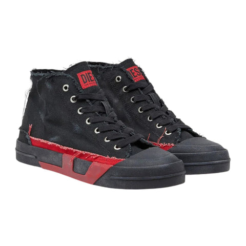 Diesel S-D-Verse Mid 2 Sneakers For Men – Black/Red Distressed Canvas High-Tops