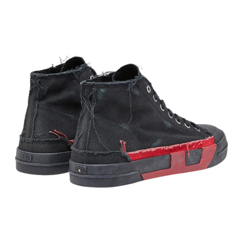 Diesel S-D-Verse Mid 2 Sneakers for Men – Black/Red Distressed Canvas High-Tops