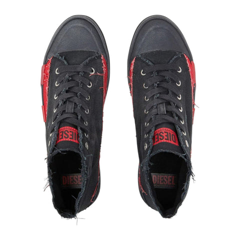 Diesel S-D-Verse Mid 2 Sneakers For Men – Black/Red Distressed Canvas High-Tops
