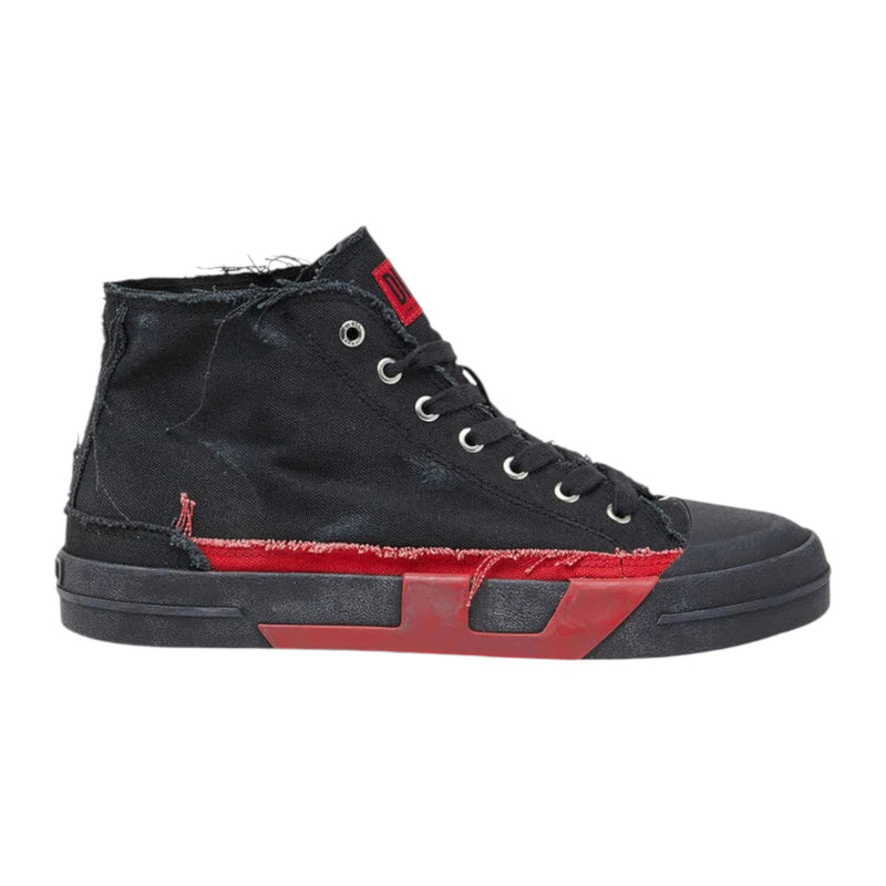 Diesel S-D-Verse Mid 2 Sneakers For Men – Black/Red Distressed Canvas High-Tops