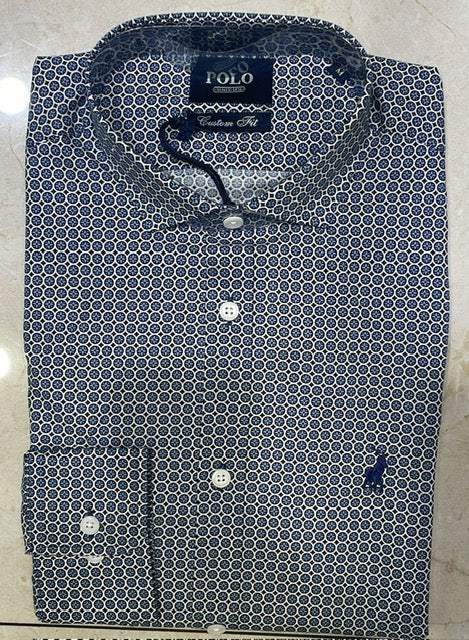 Polo Shirt Mens Long-Sleeve Micro Geometric Navy
