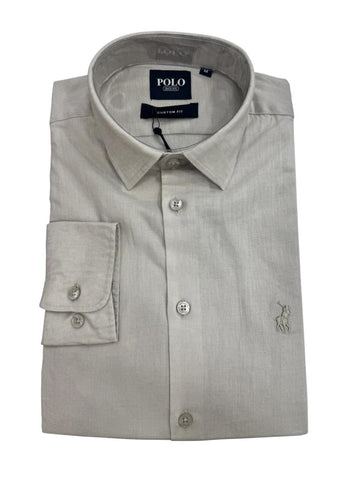 Polo Shirt Mens Long-Sleeve Plain Linen Blend Stone