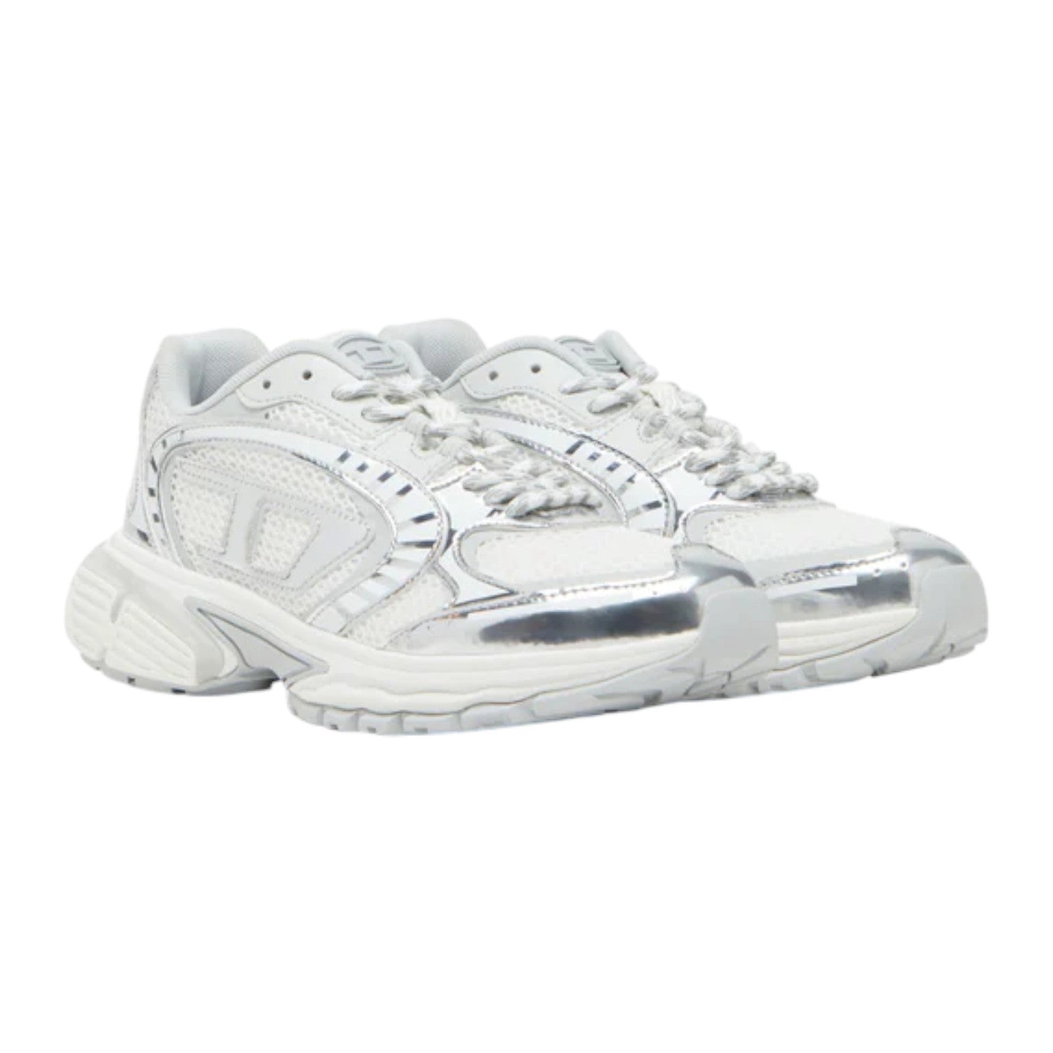Diesel S-Pro-V-Dense Metallic Mesh Women’s Sneakers – White/Silver Oval D Logo