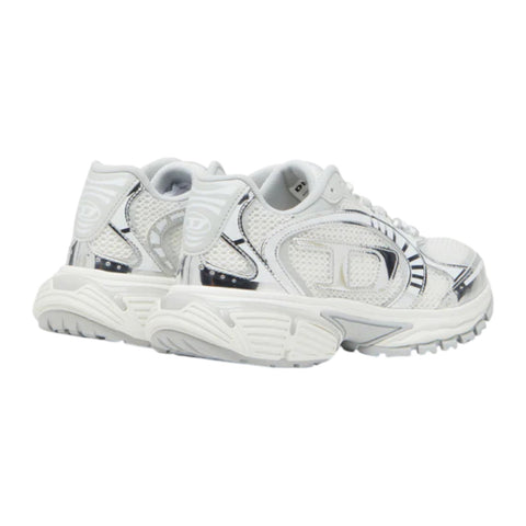 Diesel S-Pro-V-Dense Metallic Mesh Women’s Sneakers – White/Silver Oval D Logo
