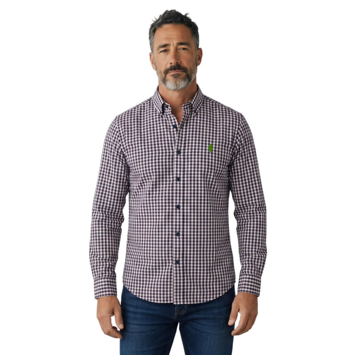 Polo Shirt Mens Long-Sleeve Custom Gingham Navy