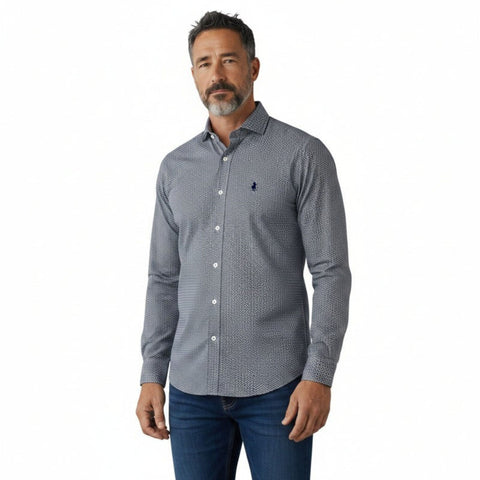 Polo Shirt Mens Long-Sleeve Micro Geometric Navy