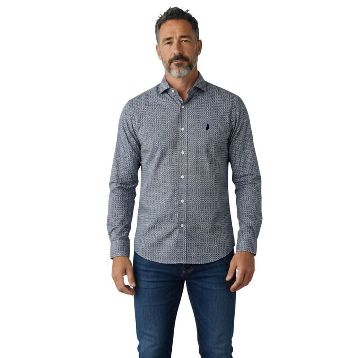 Polo Shirt Mens Long-Sleeve Micro Geometric Navy