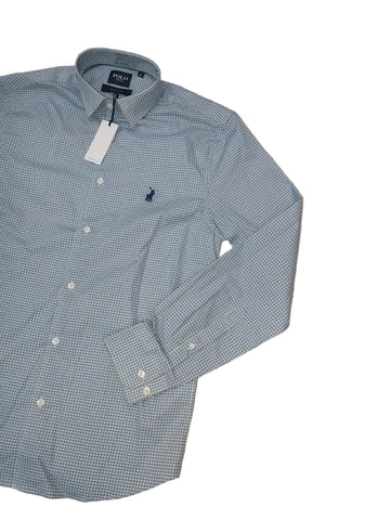 Polo Shirt Mens Long-Sleeve Geometric Printed Blue