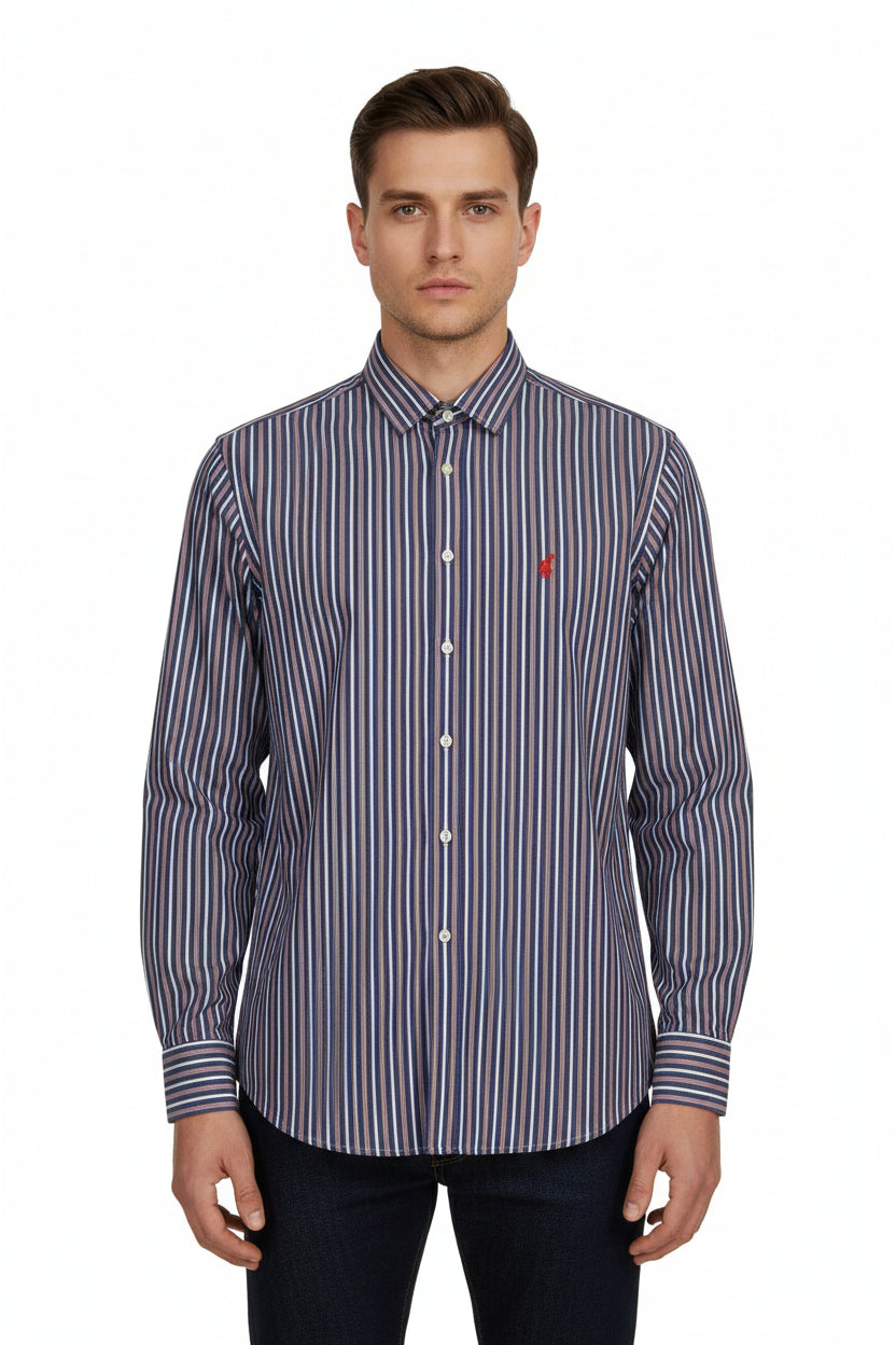 Polo Shirt Mens Long-Sleeve Signature Adonai Stripe Blue