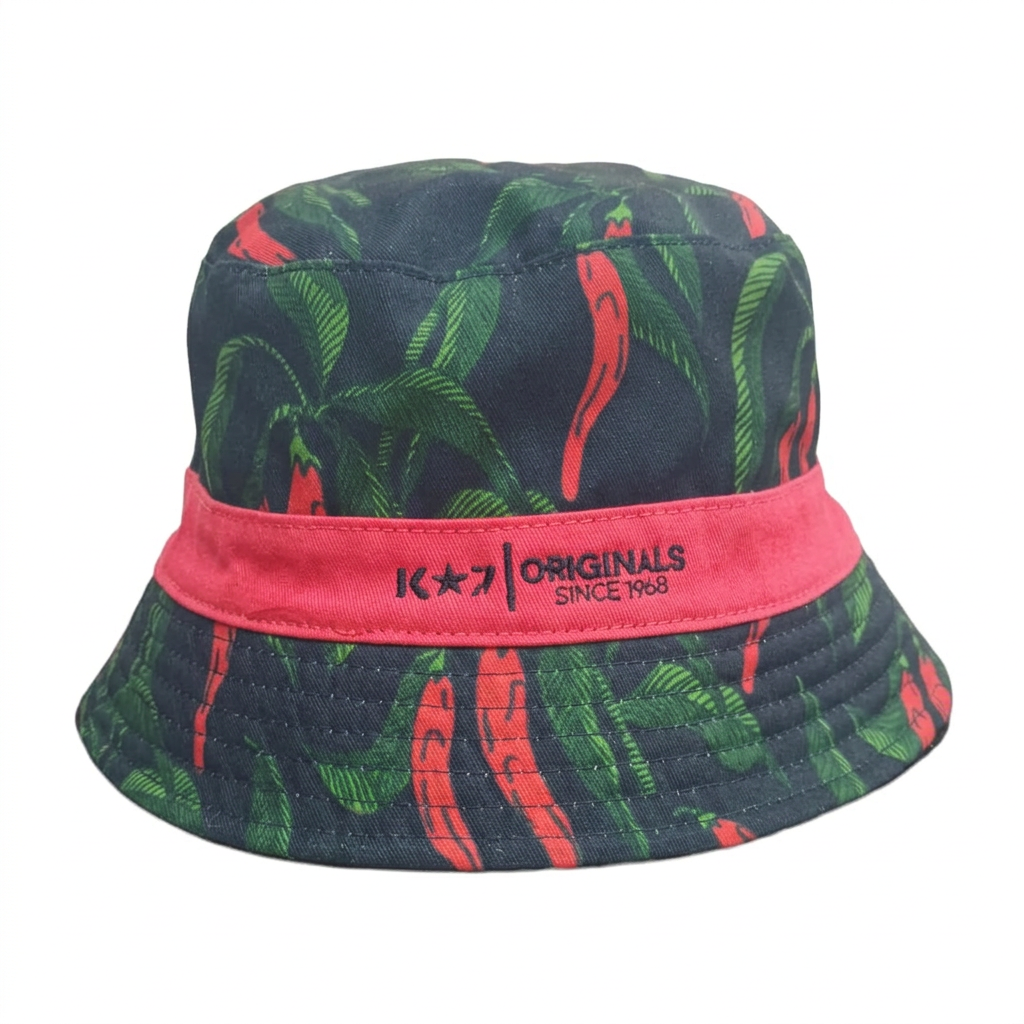 Klevas reversible bucket hat patterned side with red band on a white background