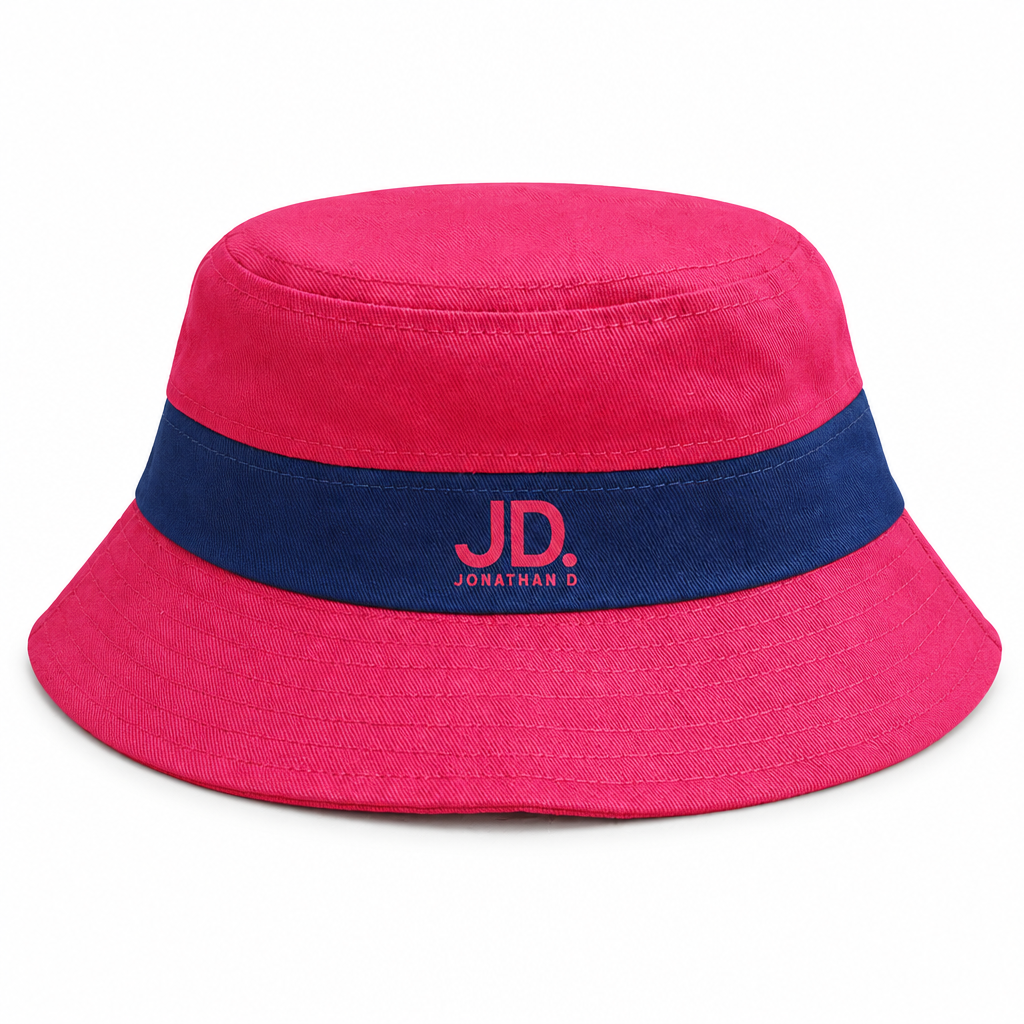 Jonathan D red and navy bucket hat on a white studio background