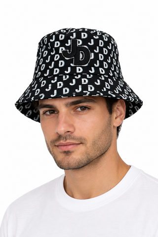 Male model wearing a black and white JD patterned bucket hat