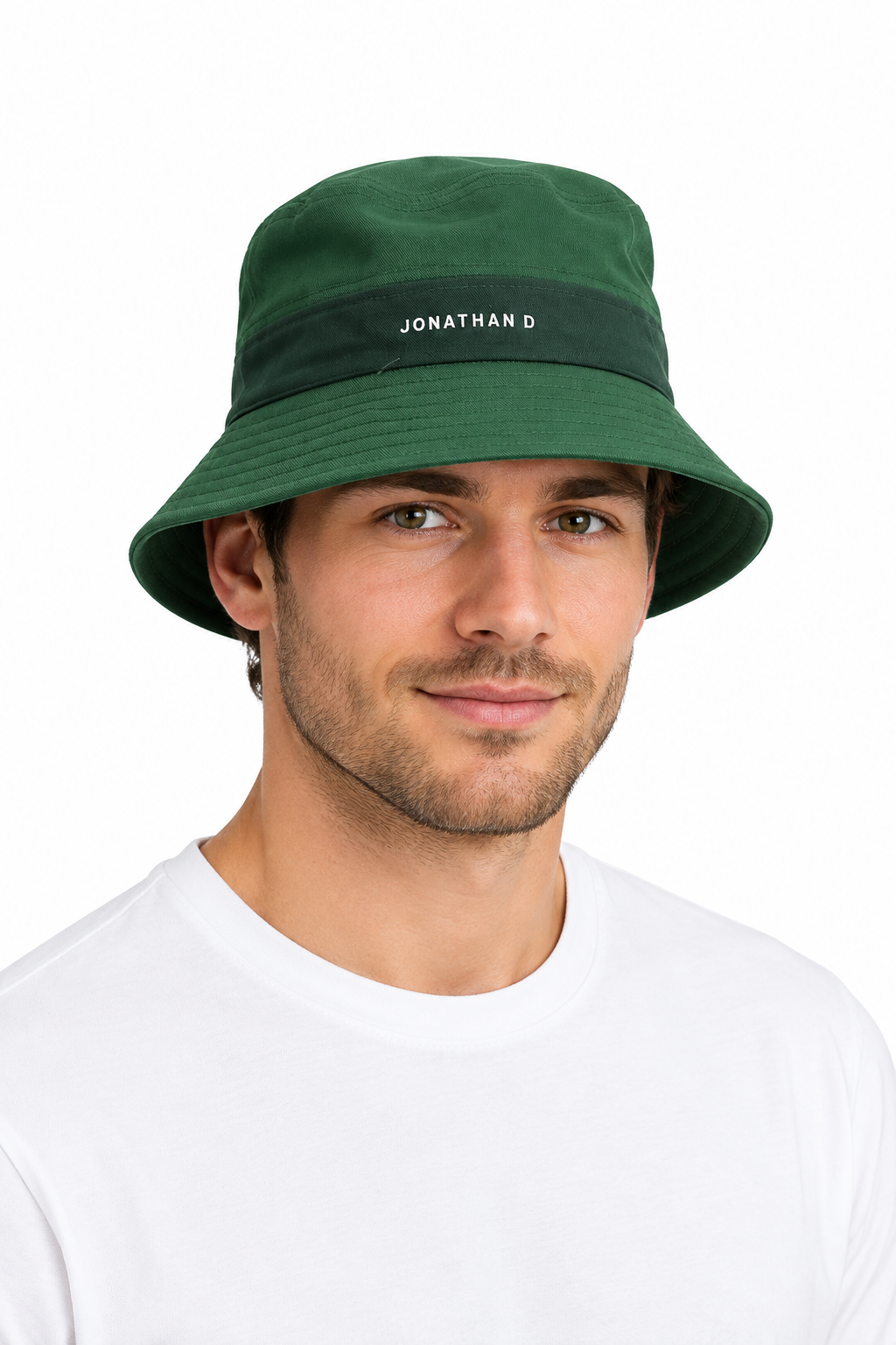 Male model wearing a green Jonathan D bucket hat