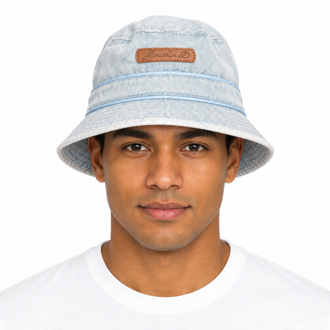 Model wearing Jonathan D bucket hat light denim side on white background
