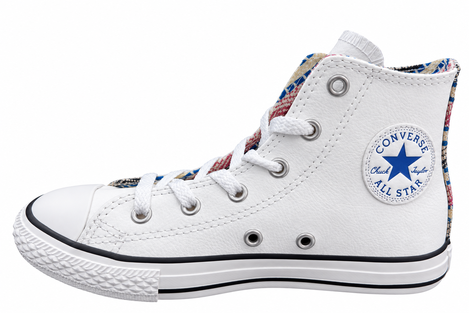 White Converse high-top shoe with blue star ankle patch and patterned trim, side view