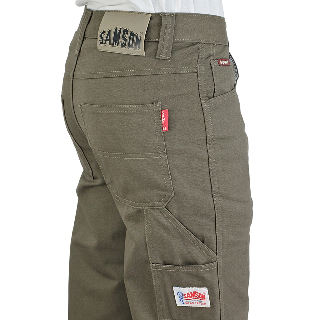 Samson Painter Cotton Twill Olive trousers rear pocket detail on white background