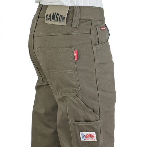 Samson Painter Cotton Twill Olive trousers rear pocket detail on white background
